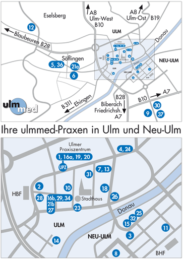 Lageplan der ulmmed Praxen in Ulm und Neu-Ulm