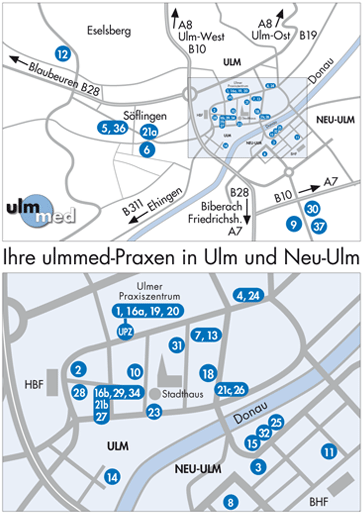 Lageplan der ulmmed Praxen in Ulm und Neu-Ulm