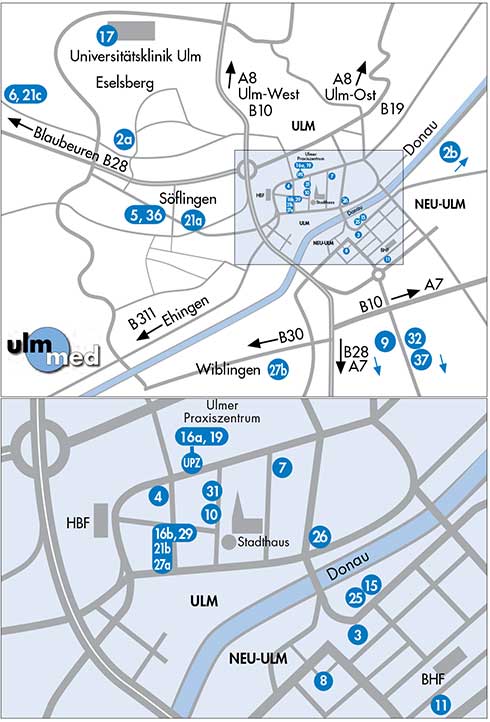 Lageplan der ulmmed Praxen in Ulm und Neu-Ulm